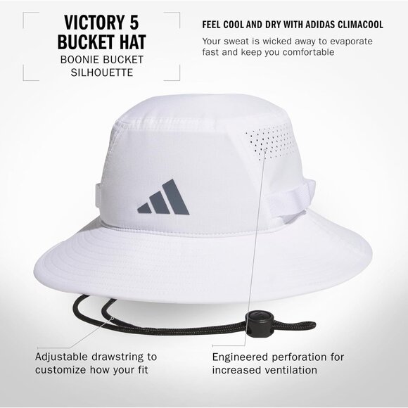 ⚡Adidas Men White/Onix Grey/Black/5.0 100% Polyester Sun Athletic Bucket Hat - Picture 2 of 6